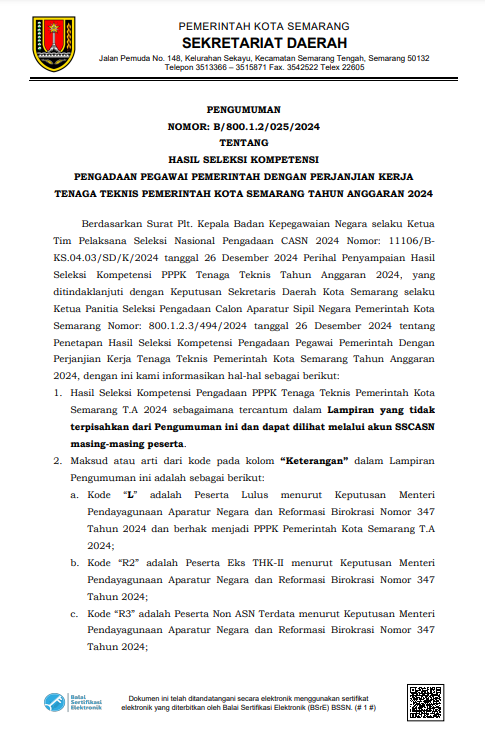 Hasil Seleksi Pengadaan Pegawai Pemerintah dengan Perjanjian Kerja Tenaga Teknis Pemerintah Kota Semarang Tahun Anggaran 2024